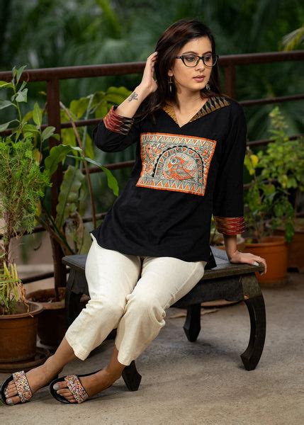 Black cotton top with hand painted Madhubani work – Sujatra