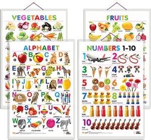 GO WOO Pack of 4 Alphabet, Fruits, Vegetables and Numbers 1-10 charts ...