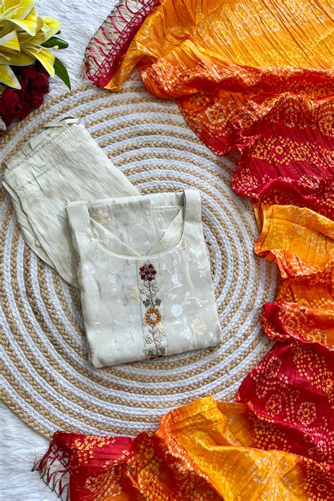 AARVI” Beautiful off white jacquard silk kurti bottom dupatta set 🛍️ ...