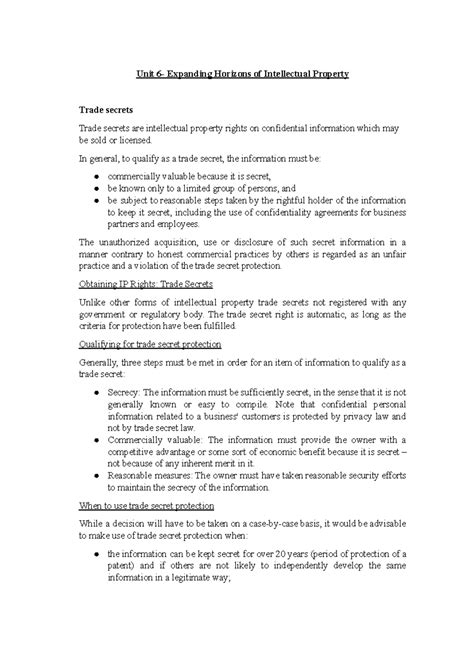 Unit 6 - Trade Secrets and Geographical Indications in IP Law - Studocu