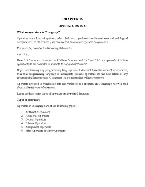 Chapter 15 Operators IN C - CHAPTER 15 OPERATORS IN C What are ...