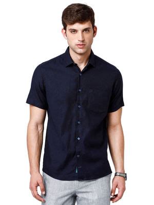 Buy Linen Club Men's Pure Linen Blue Solid Regular Fit Half Sleeve ...
