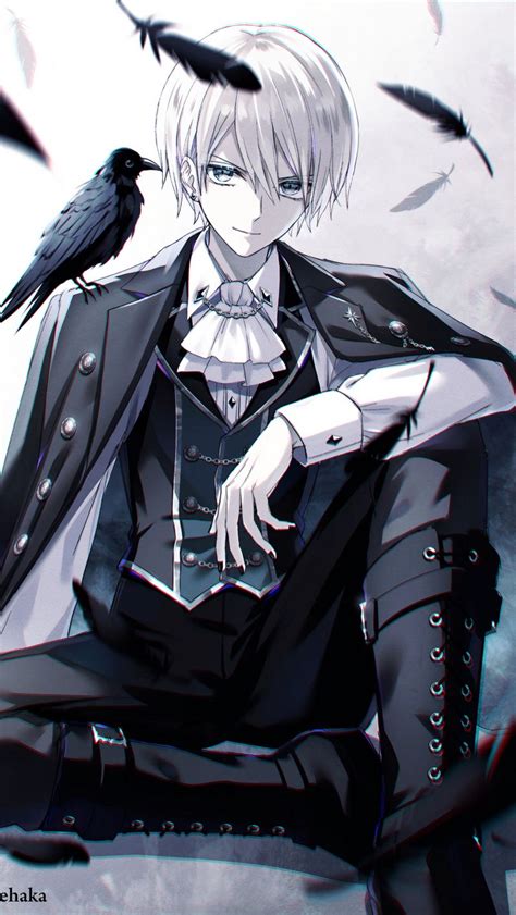 Download wallpaper 800x1420 guy, smile, raven, feathers, anime, art ...
