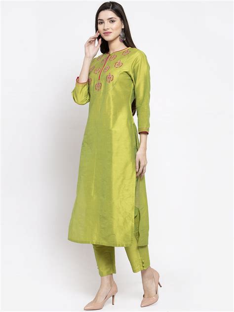 Shop Bhama Couture Lime Green Solid Kurta With Trousers & Dupatta. Online