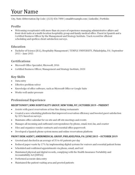 Image result for Resume Examples Receptionist Customer Service Example