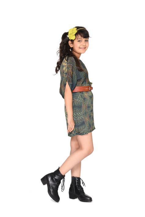 Olesia kids girls green printed crepe dolman sleeve boat neck loosely ...