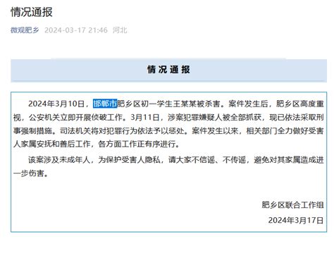 邯郸通报初中生被同学杀害：嫌疑人被全部抓获，将依法惩处|邯郸市|嫌疑人_新浪新闻
