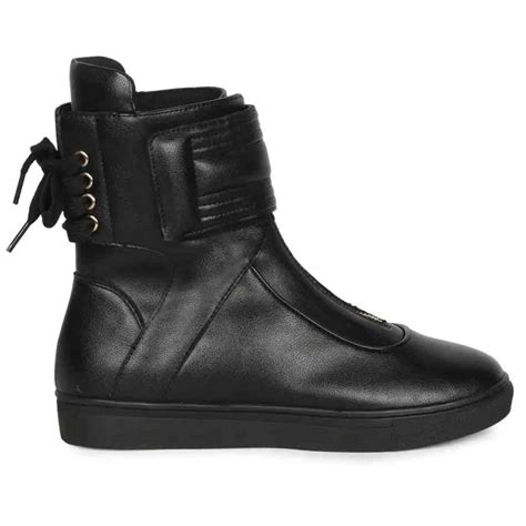 Saint Gabriella Black Leather Front Zipper Round Toe Heel Sneakers ...