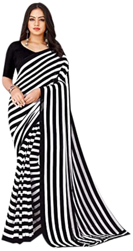 Anand Sarees Women's Black Color Georgette Striped Saree with Unstiched ...