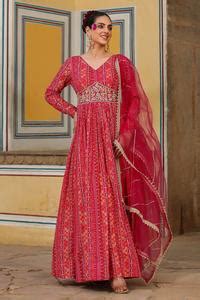 Buy Red Anarkali Mul Cotton Printed Geometric V Neck With Dupatta For ...