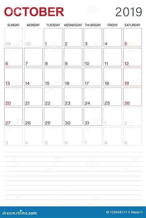 Calendario Inglés - Octubre De 2019 Ilustración del Vector ...