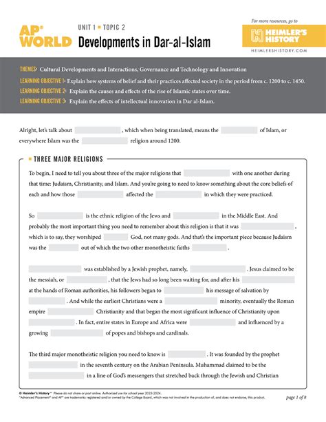 AP World Unit 1 Topic 2 Noteguide Islam - © Heimler’s History TM Please ...