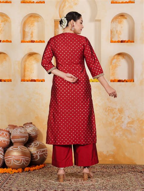 Buy Self Design Chanderi Gold foil Straight Red Kurta & Palazzo TP4912T ...