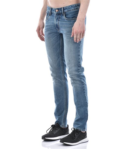Buy Men's Sustainable Straight Fit Distress Light Blue Mild Wash Jeans ...