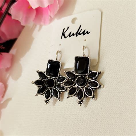Buy German Silver Black floral ear tops | thesoftgirlclub