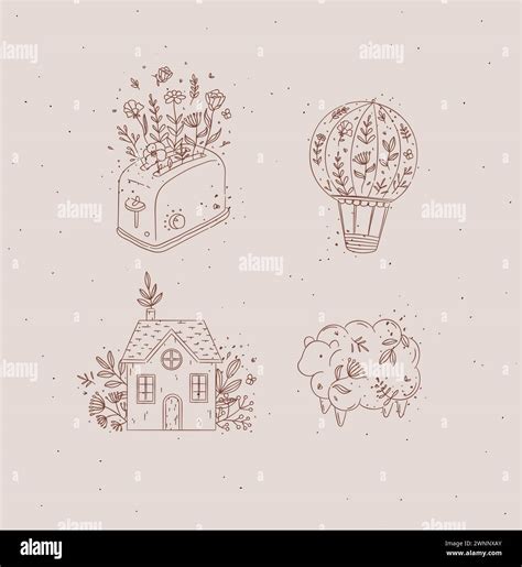 Hand drawn hot air balloon, toaster, village house, sheep icons drawing ...