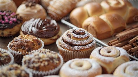 Close-up view of a variety of different types of pastries displayed ...