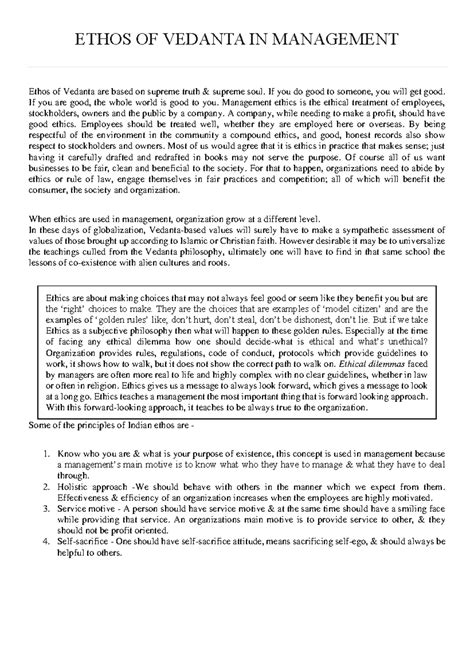 Ethos of Vedanta in management - ETHOS OF VEDANTA IN MANAGEMENT Ethos ...