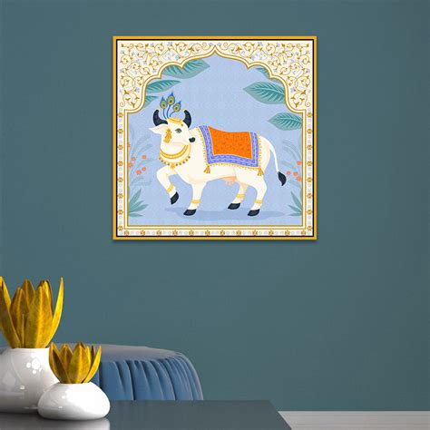 Divine Nandi Cow Traditional Indian Pichwai Style Canvas Wall Painting ...