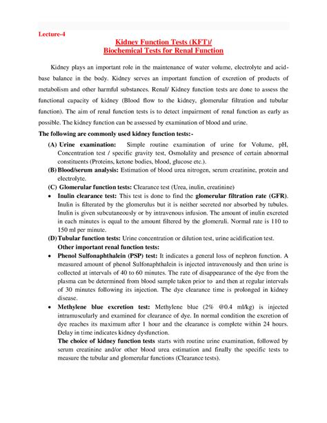 Biochemical test for renal function - Lecture- Kidney Function Tests ...