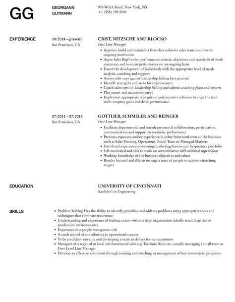 First Line Manager Resume Samples | Velvet Jobs