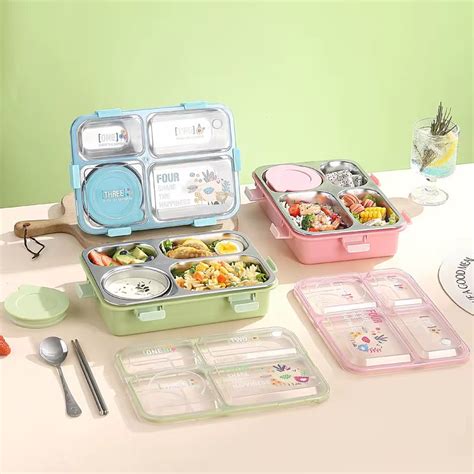 4 Compartment lunch box . with bowl , Spoon & Chopstick Leakproof Heat ...