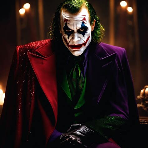 Joker in a purple suit and green tie sitting on a bench - SeaArt AI