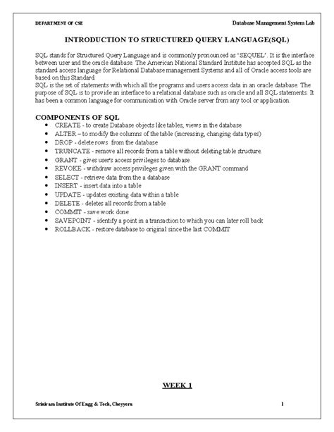 DBMS Lab Manual: SQL Queries & Functions - CSE 2020-21 - Studocu
