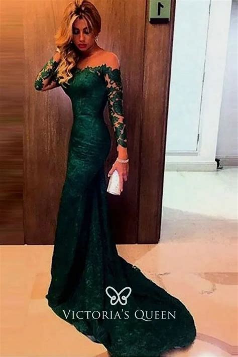 Buy emerald green prom dress long sleeve - In stock