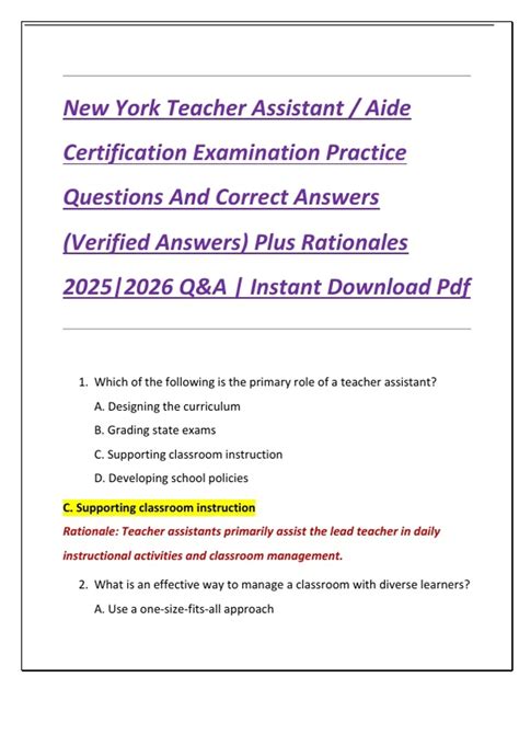 New York Teacher Assistant / Aide Certification Examination Practice Questions And Correct ...