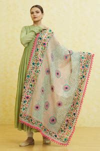 Buy Off White Chanderi Pom-poms Chevron And Floral Pattern Phulkari ...