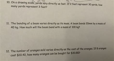 Solved 10. On a drawing scale, yards vary directly as feet. | Chegg.com