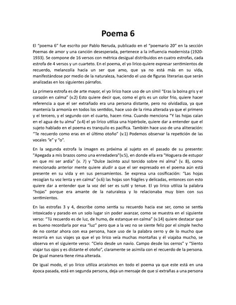 Poema 6 - Poema 6 El “poema 6” fue escrito por Pablo Neruda, publicado ...