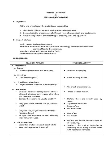 Image result for Sample Lesson Plan Dressmaking