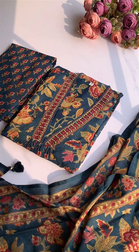 Ajrak Print Hand Embroidery Pure Cotton Kurta Set with Pant & Dupatta ...