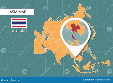 Thailand Map in Asia Zoom Version, Icons Showing Thailand Location and Flags Stock Vector ...