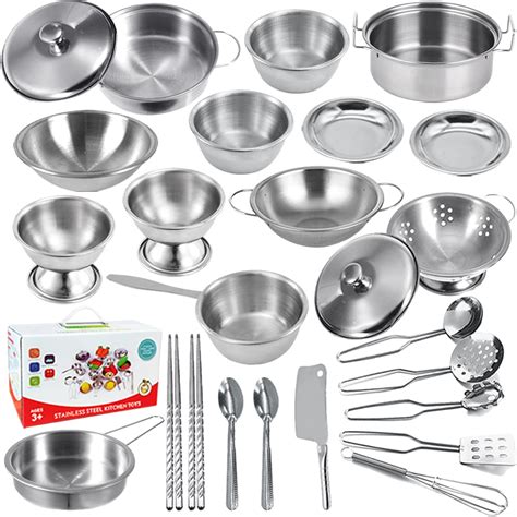 Amazon.com: Classic Stainless Steel Kitchen Toys Cooking Utensils Set ...
