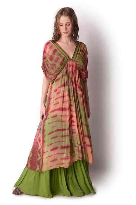 Buy Multi Color Georgette Embroidery Tie Dye V Neck Tunic And Sharara ...