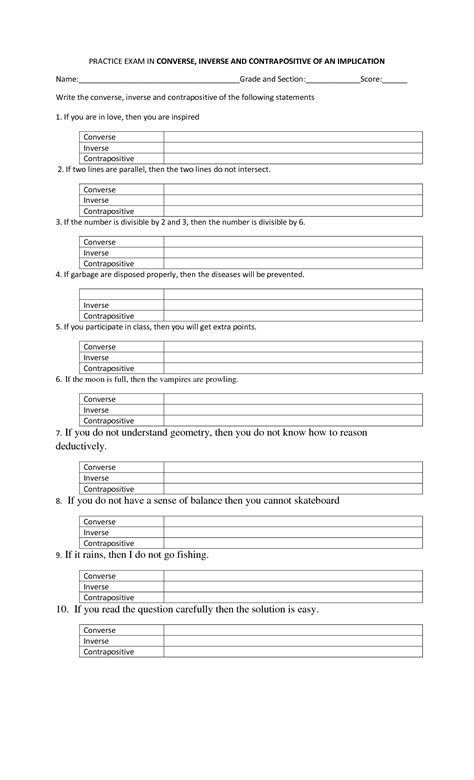 SOLUTION: Ppractice exam in converse inverse and contrapositive of ...