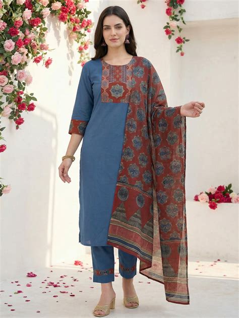 Indo Era Blue Printed Straight Kurta Trousers With Dupatta set