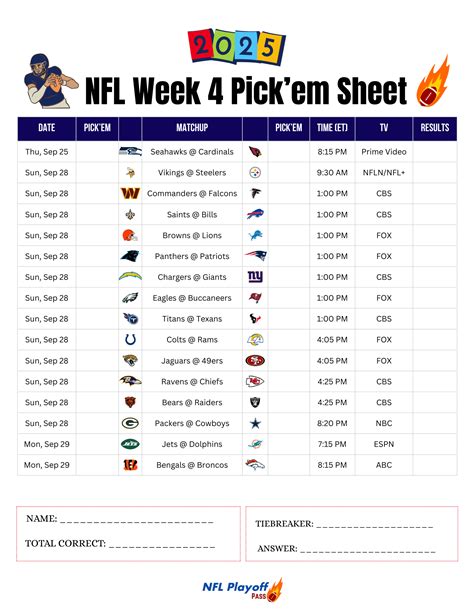 Printable NFL Week 4 Pick’em Sheet 2025 – Free PDF Download