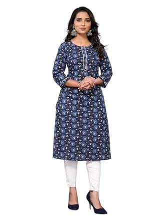 Buy rangita Blue Cotton Knee Length Embroidered Straight Kurti | Kurta ...