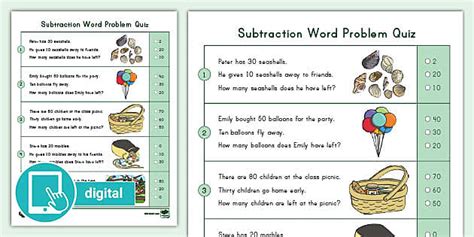 Subtracting Multiples of Ten Word Problem Quiz