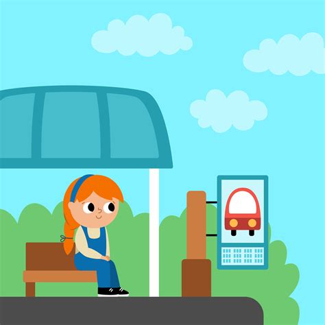 square scene with girl sitting on a bus stop. Transportation illustration. Cute kid waiting for ...