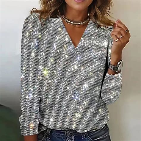 Dyfzdhu Sequin Tops for Women Elegant Trendy V Neck Sparkly Casual ...