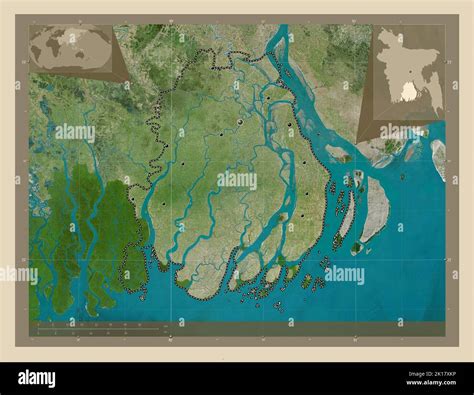 Barisal, division of Bangladesh. High resolution satellite map. Locations of major cities of the ...