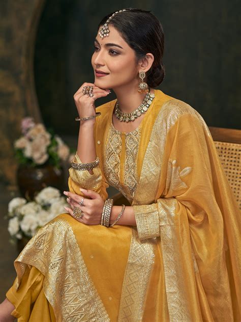 FUSHIA YELLOW Pure Fancy Simmer Suit Set with Intricate Handwork & Ele ...