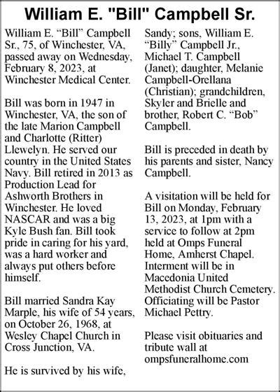 William E. "Bill" Campbell Sr. | Obituaries | winchesterstar.com