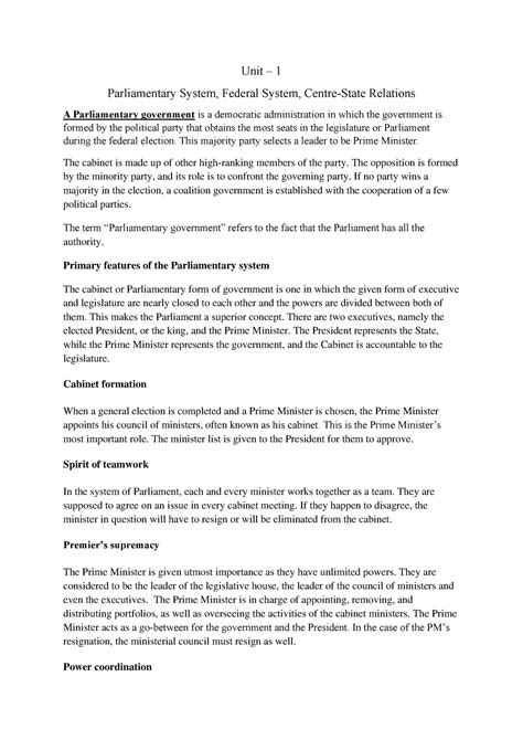 Unit 1 Parliamentary, Federal, centre-state - Unit – 1 Parliamentary ...