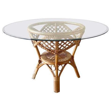 1980s Boho Chic Rattan and Woven Wicker Circular Glass Top Dining Table ...